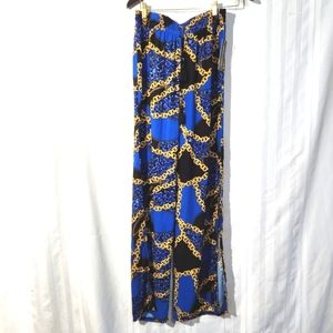 NEW LOOK BLUE/GOLD CHAIN SPLIT HEM HIGH WAIST TROUSERS SIZE LARGE